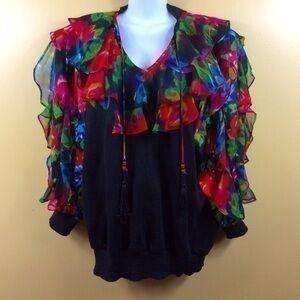 80s Vintage Anthony Sicari ruffle sleeve knit top. Size XL black floral